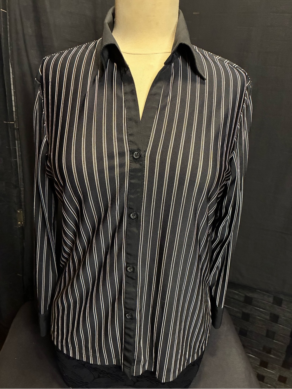 Notations Black Button-Front Shirt with White Pinstripes